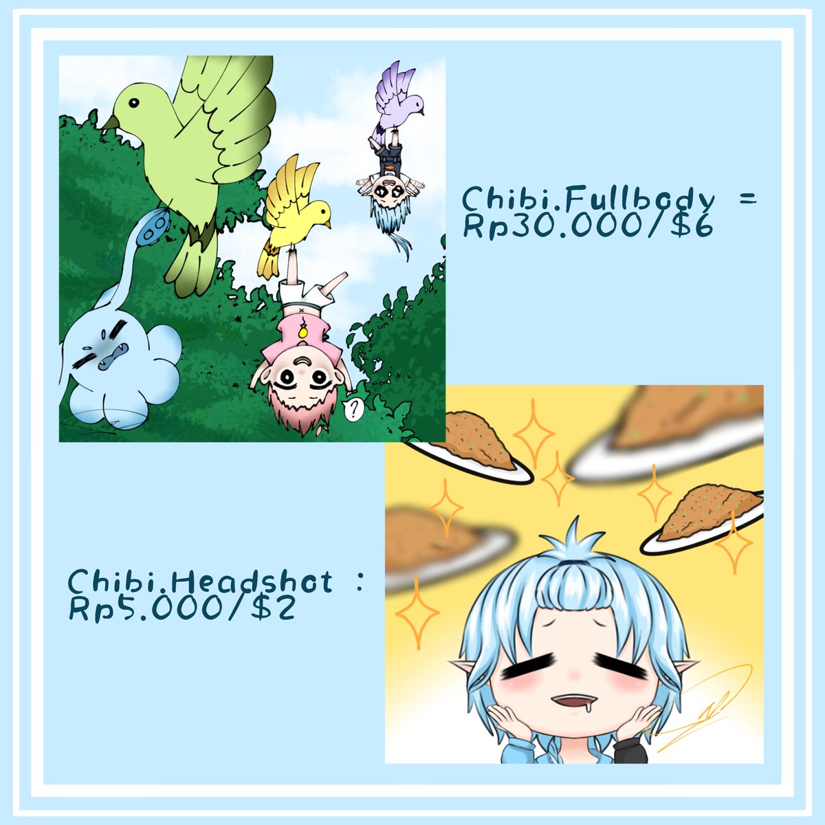 SSALL00's tweet photo. 📢Open Commission 📢
Headshot &amp; Bust up : 3 - 5 days
Halfbody : 5 - 7 days (1 week)
Fullbody : >1 week, <1month
.
.
Lineart only : -Rp5.000 
Sketch only : -Rp10.000 / -$1
.
.
#commissionsopen #commissionart #komis #digitalart https://t.co/FMFSNlNM3A