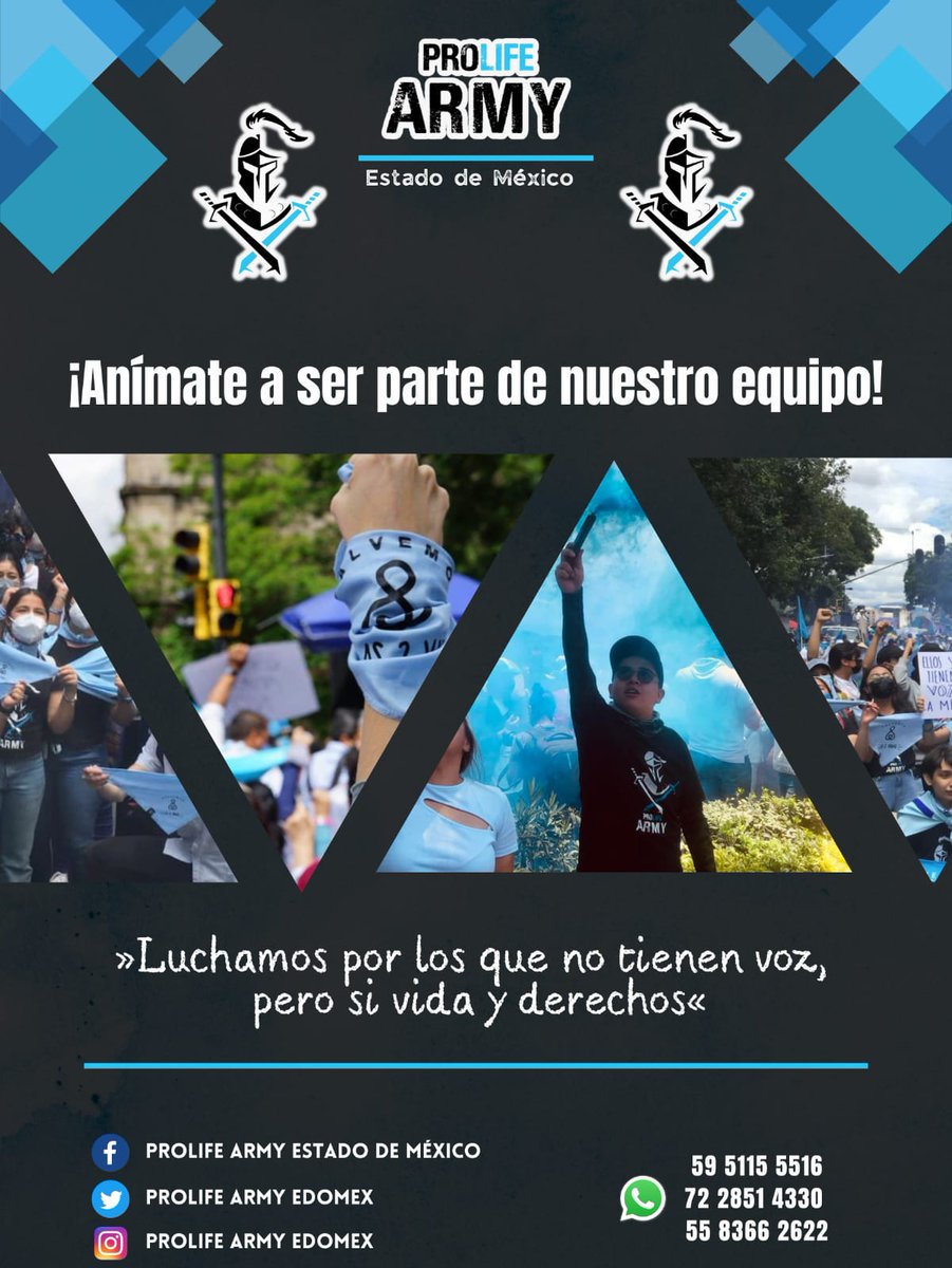 ¡Anímate a ser parte del equipo de ProLife Army Estado de México!. 💙😉

“Luchamos Por Los Que No Tienen Voz, Pero Si Vida y Derechos” 

Comunícate a nuestras redes sociales o mándanos un WhatsApp. 📱💙

#ProLifeArmy 
#ProVida
#EstadoDeMexico
