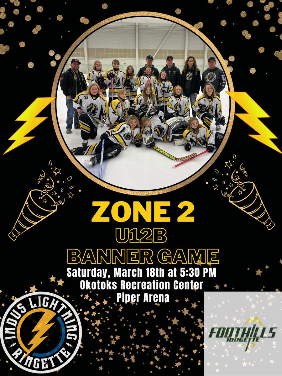 IndusLightning's tweet photo. ⚡️Cheer our U12B Indus Lightning Ringette Team as they battle Foothills Ringette for the Zone 2 Banner on Saturday in Okotoks⚡️💛🖤 https://t.co/30FiuU7mAb