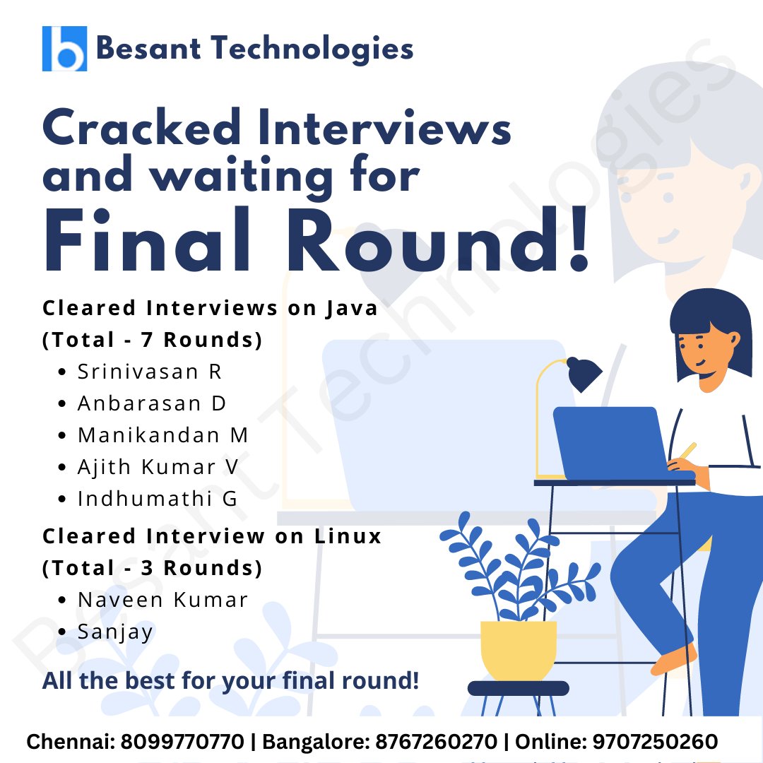 besanttech's tweet image. Besant Technologies is glad to announce that 07 students cracked Interviews in Java &amp;amp; Linux and waiting for Final Round.

All the best for your final round!

List of candidates who are attending the Final round interview

#learnsoftwareskills #placementshub #manualtesting