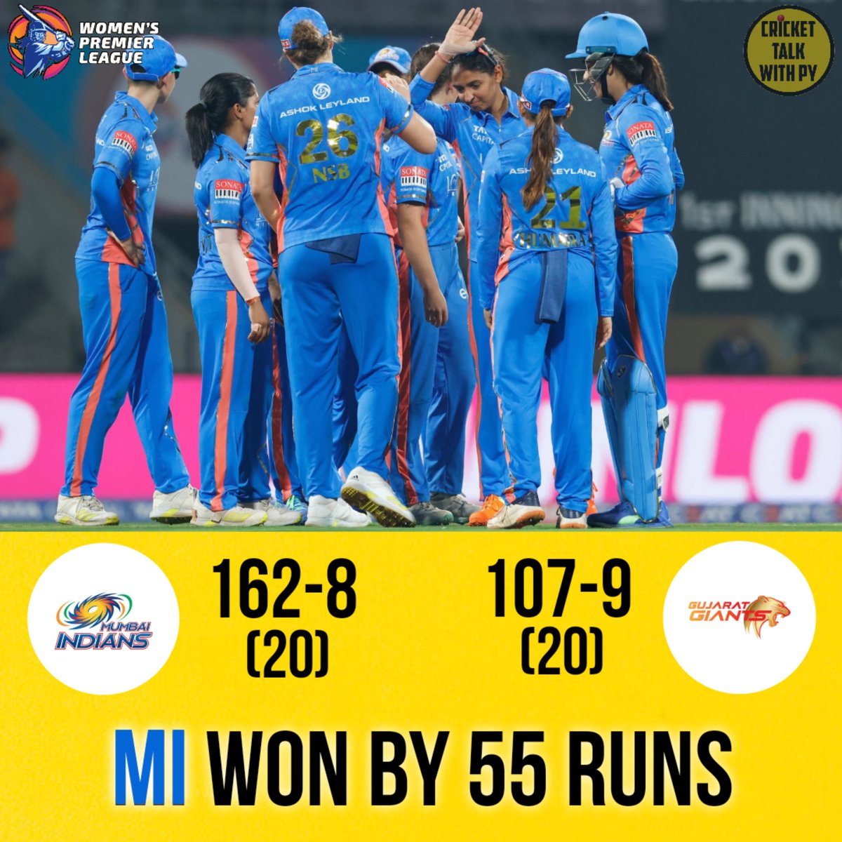 CricketTalkPY's tweet photo. Women's Premier League 🏆
Match 12 - MI vs GG ⬇️

#WPL2023 #MIvGG https://t.co/DH2NJXBQZp