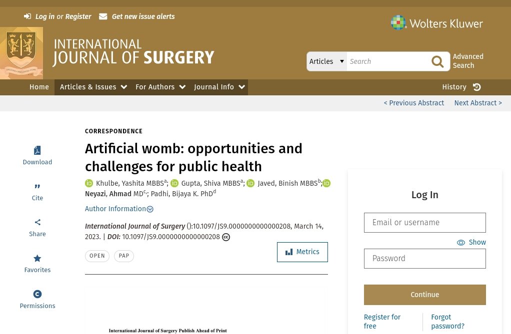 Title: Artificial womb: opportunities and challenges for public health
Journal: International Journal of Surgery
Impact factor: 13.400