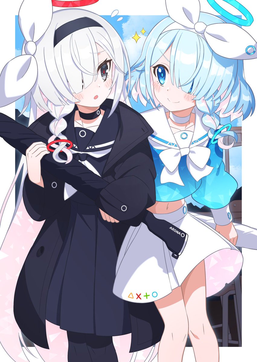 arona (blue archive) multiple girls 2girls halo hair over one eye school uniform skirt hairband  illustration images