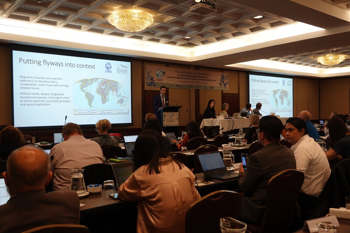 EAAFP's tweet photo. Day 3 of #EAAFP #MOP11 started with special presentations by Prof. William Sutherland, University of Cambridge on “World Coastal Forum” and Dr. Iván Ramírez of @BonnConvention “Impact of renewable energy to migratory waterbirds”.
We are all Part of #EAAFlyway! https://t.co/1plkPw9Qev