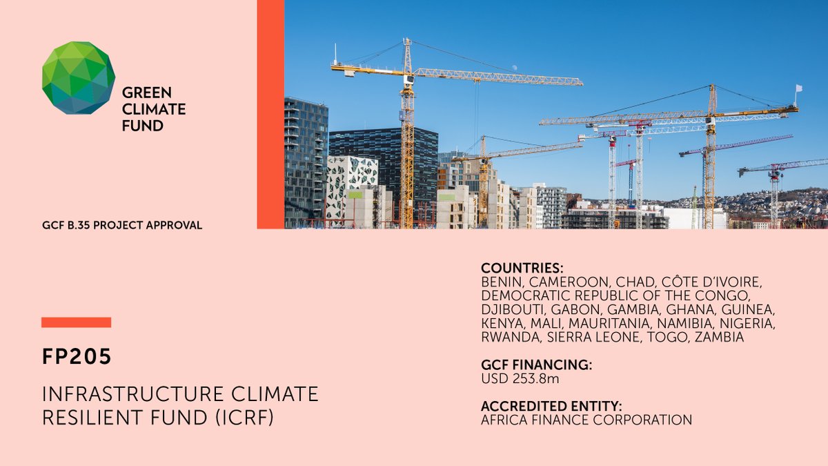 GCF Board #GCFB35 approved #adaptation project FP205 with @africa_finance to unlock the investment potential of climate-resilient infrastructure in 19 countries by mobilising blended finance and crowding in capital from the private sector. #climateaction g.cf/fp205
