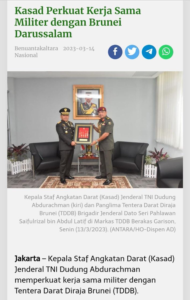 Khoerulumm's tweet photo. hebat, KSAD Dudung melakukan kunjungan kehormatan kepada Panglima TTDD Brigadir Jenderal Dato Seri Pahlawan Saifulrizal bin Abdul Latif di Markas TDDB Berakas Garison.

@Ngopibareng_DAR

Angkatan Darat Di Hati Rakyat
Kasad Dudung Abdurachman https://t.co/Iq1fmRdvyc