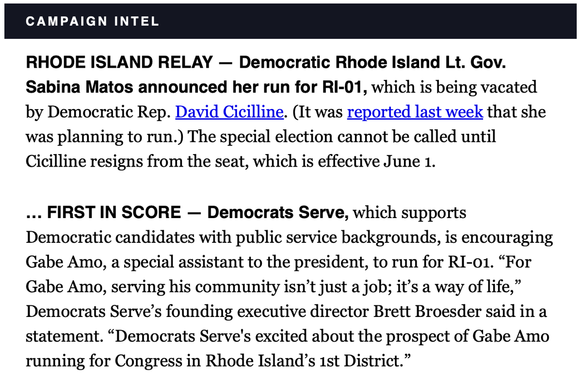 TedNesi's tweet photo. The @DemocratsServe PAC - run by @BrettBroesder, who has experience in RI - is publicly encouraging @GabeAmo to run for #RI01 (via this @Politico Morning Score item) https://t.co/9RbOh6aycY https://t.co/D4zSeeMXO8