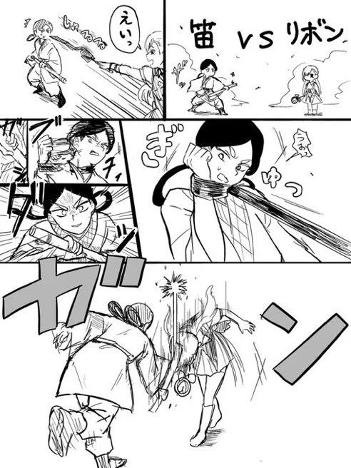 【オリキャラバトルトーナメント】  笛くん(笛で叩く) 🆚 ラブちゃん(🎀で首を絞める)  サーモンさん@iu15236376 が漫画化下さいました‼️😂めちゃくちゃ面白いです🤣✨笛くん、ラブちゃんの頭になんて事を😂💦  サーモンさんもジャンプルーキーに漫画を投稿されています、是非😊✨  #ジャンプルーキー