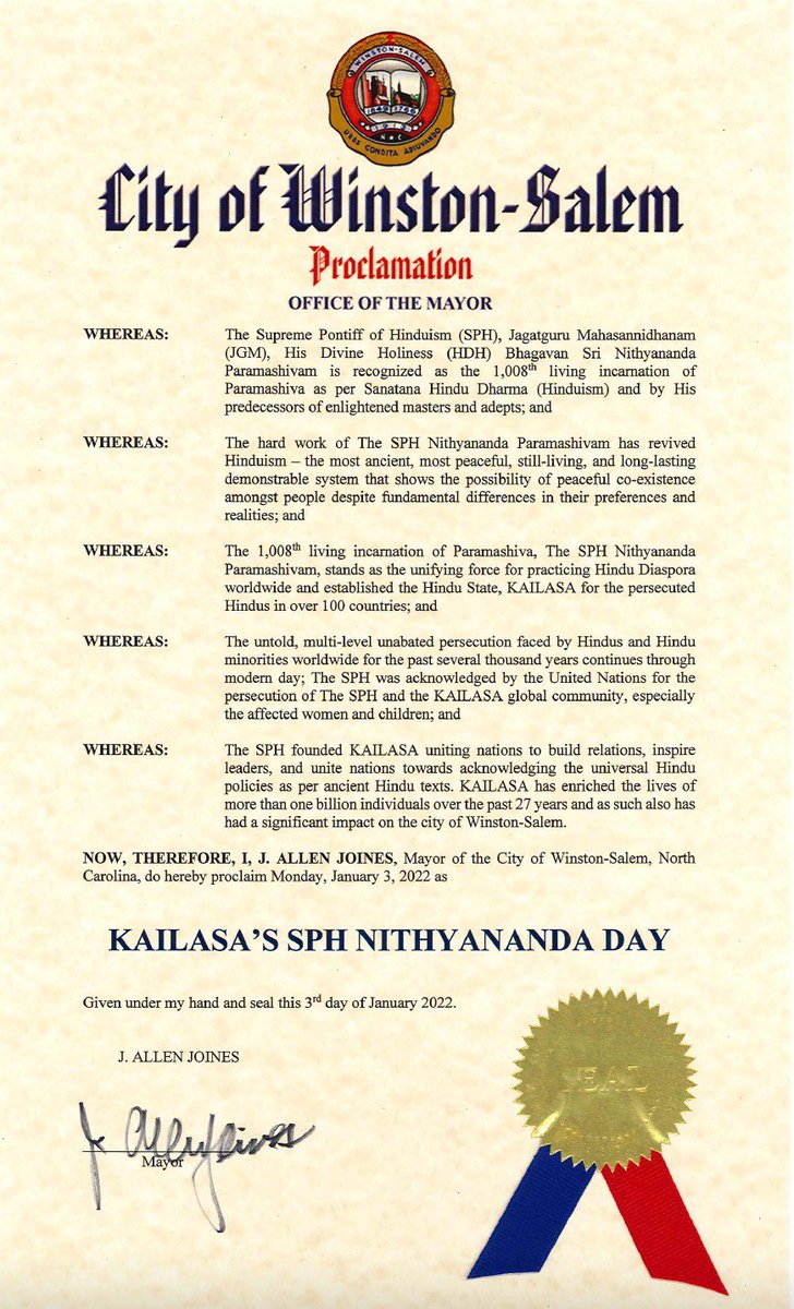 PaigeK_07's tweet photo. 5) #Nithyananda has received dozens of proclamations &amp; certificates of recognition from @CityTxkTX, @CityofWS, @TheCityofCanton, @BuenaParkCA, @CityofDeLand, #California State Senate, U.S. @RepDavidValadao (CA-22) &amp; @RepJohnCurtis, &amp; #US Sen. @timkaine (DFL- #Virginia). And more. https://t.co/Yb2dXQhUf7