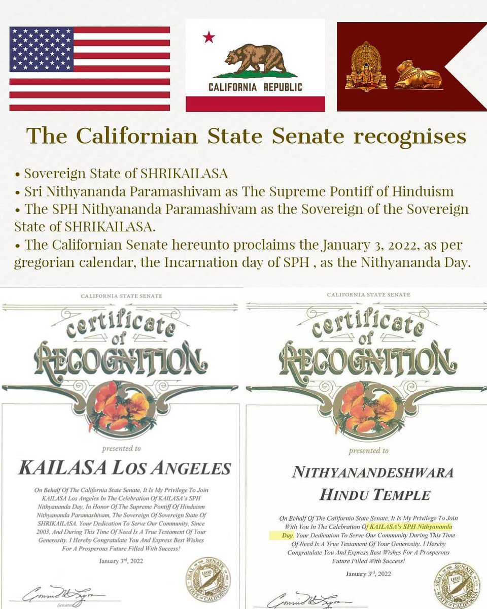 PaigeK_07's tweet photo. 5) #Nithyananda has received dozens of proclamations &amp; certificates of recognition from @CityTxkTX, @CityofWS, @TheCityofCanton, @BuenaParkCA, @CityofDeLand, #California State Senate, U.S. @RepDavidValadao (CA-22) &amp; @RepJohnCurtis, &amp; #US Sen. @timkaine (DFL- #Virginia). And more. https://t.co/Yb2dXQhUf7