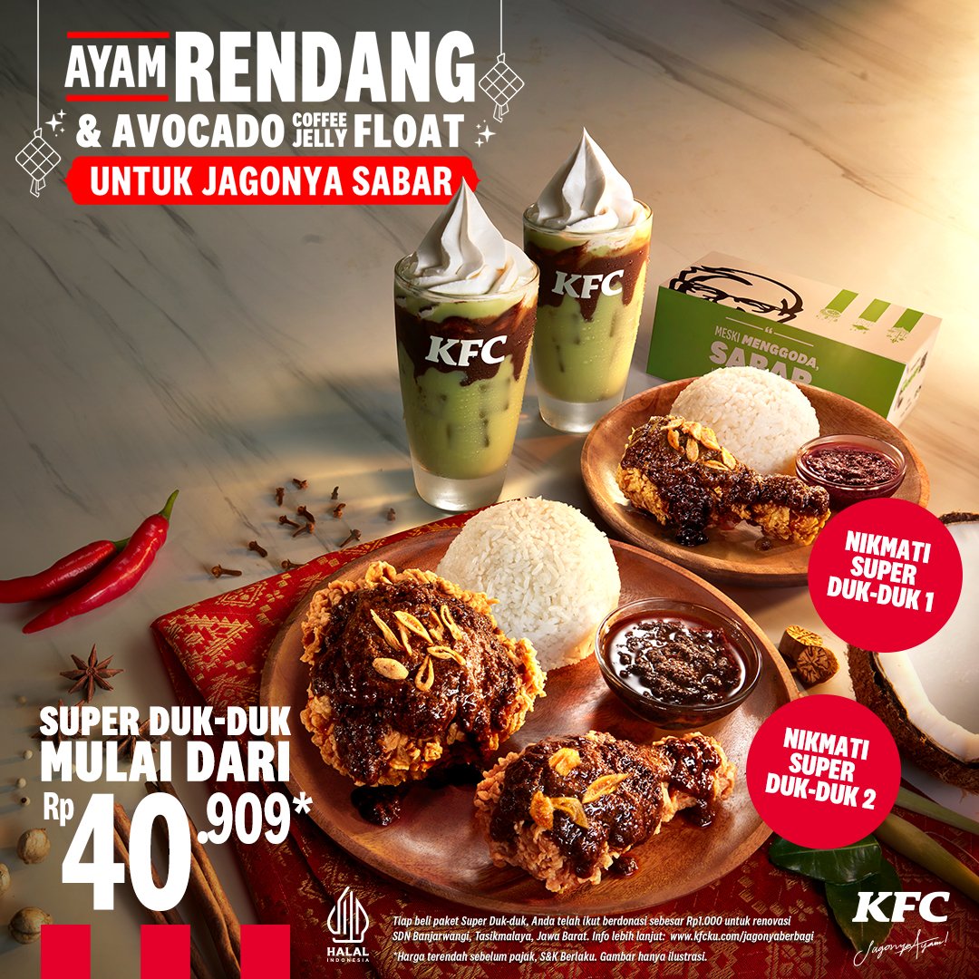 BARU, cita rasa lokal masakan rendang dalam menu Ayam Rendang di combo Super Duk Duk! Setiap pembelian Super Duk Duk, sebanyak Rp1.000 akan disumbangkan untuk membangun sekolah di Tasikmalaya. Yuk berbuka puasa Super Duk Duk supaya Ramadhan semakin spesial!