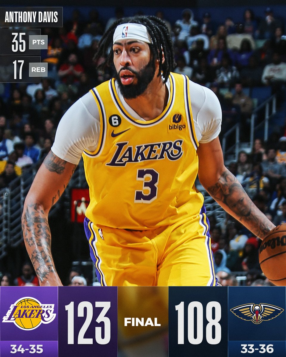 NBA's tweet photo. A dominant 35 points and 17 rebounds from AD helped the @Lakers get the win in New Orleans! They hit a franchise record 15 threes in the first half.

Malik Beasley: 24 PTS, 7 3PM
Brandon Ingram: 22 PTS, 6 REB, 6 AST

For more, download the NBA app:
📲 https://t.co/WFdLNEjikq https://t.co/9Zc54vfrhc