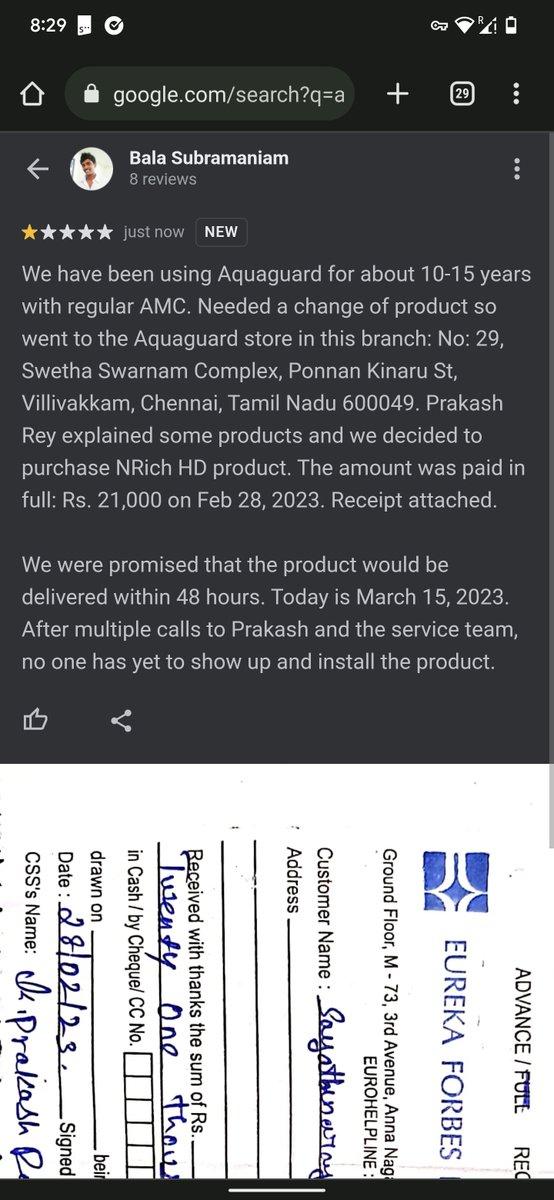 balasathya161's tweet photo. False promises and poor customer service from Aquaguard Villivakkam, Chennai branch. 
Full review here, along with so many complaints from others: 
 https://t.co/ZeizQ8APSJ

@EurekaForbes https://t.co/h9ViVjBubp