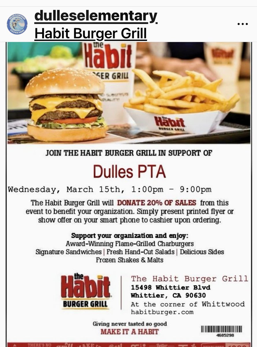 principaldulles's tweet photo. Join us in supporting the Dulles PTA food fundraiser at the Habit tomorrow!#Dulleselementary #nlmusd.org https://t.co/cQia1hcXsi