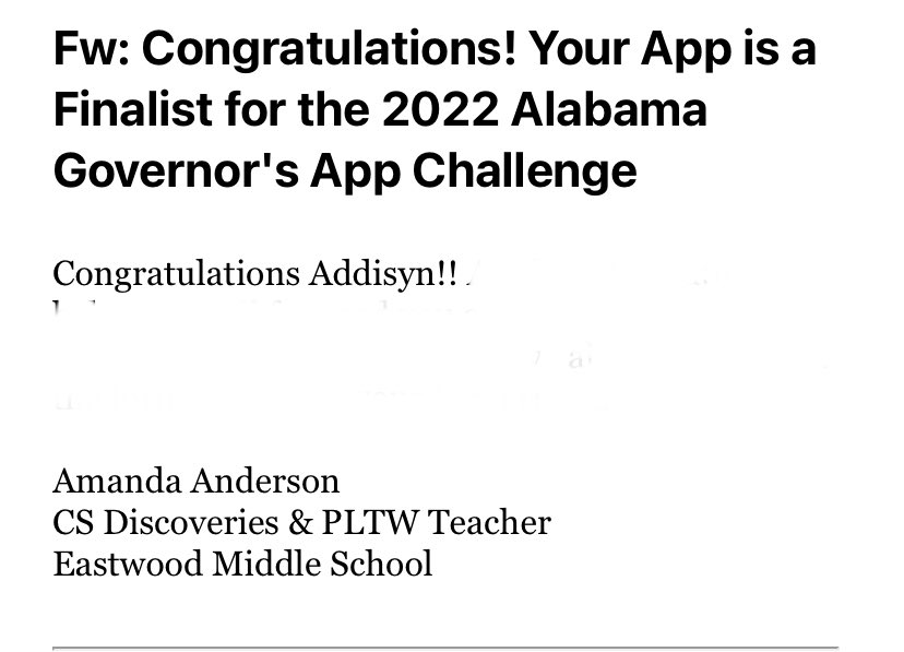 Congratulations to my oldest daughter, Addisyn who will represent State School Board District 4; TCS and Eastwood Middle at the Alabama CS Summit Governor’s App Challenge on April 17th for the 2nd year in a row! Addisyn’s app is titled: Loving My Life. <a href="/emsstampede/">Eastwood Middle</a> <a href="/TCSBoardofEd/">T🍏S Board of Ed</a>