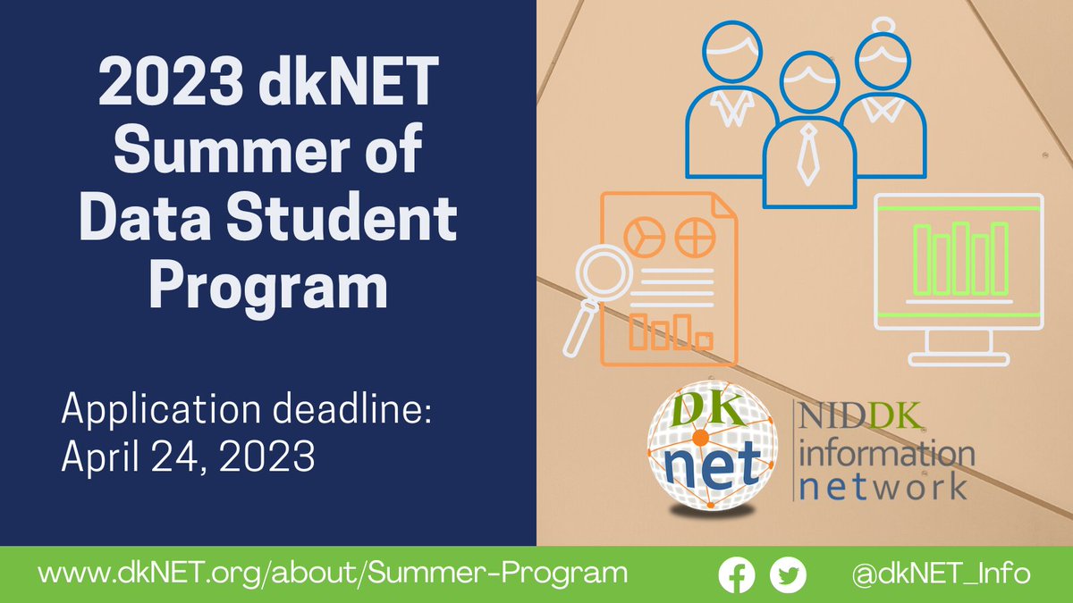 Are you a student looking for a remote summer opportunity in the #biomedical field? Join 2023 #dkNET Summer of Data Student Program! Apps. are open:
👉 Receive a scholarship
👉 Learn #FAIR data, #datamangement, rigor &amp; #reproducibility principles 
Info: dknet.org/about/Summer-P…