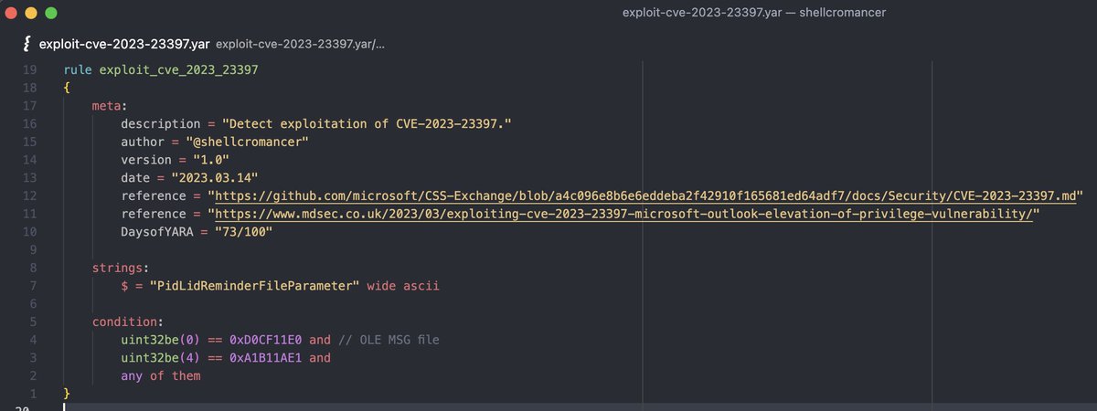 Day 7️⃣3️⃣ of #100DaysofYARA: You should definitely use the script (github.com/microsoft/CSS-……) provided by Microsoft to scan for impact... but here's my attempt to scan for CVE-2023-23397 message files in YARA! 🧵 YARA: github.com/shellcromancer…