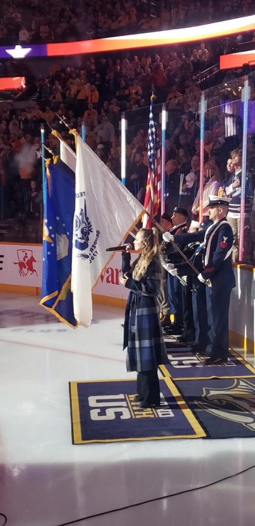 LtColShaffer's tweet photo. ⁦@PantherNation_1⁩ ⁦@SonyaBrooks71⁩ ⁦@meganln88⁩ ⁦@MyFutureMyWay⁩⁦@LtColShaffer⁩LtCol Shaffer Presents Air Force flag at Predators Game for Military Week! What a great honor! Selected for her service to Metro Schools! https://t.co/vSELMgMrun