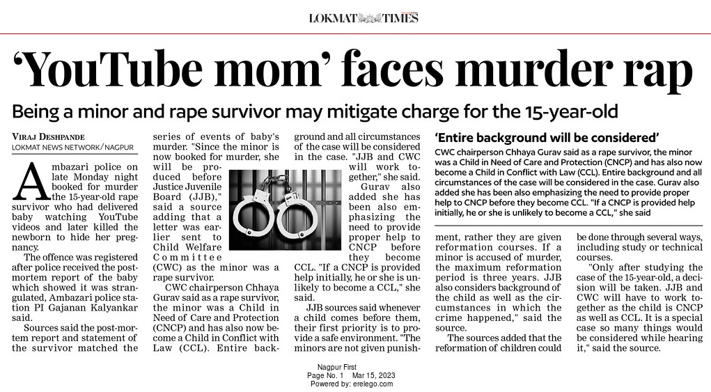 VirajDeshTOI's tweet photo. The 15-year-old girl who had delivered a baby after watching YouTube videos and later strangulated it, has been booked by  #NagpurPolice for murder. #JJB and #CWC will handle the case jointly due to its special nature. 

#YouTubeMom #ChildCare https://t.co/SstPc6cxEa