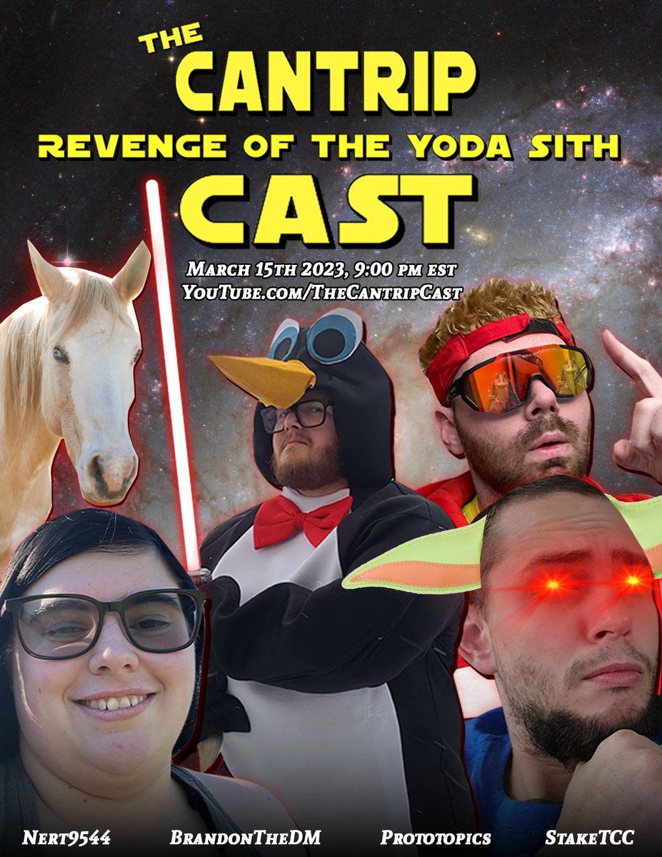 Tomorrow night, <a href="/TheCantripCast/">The Cantrip Cast</a> continues the chaos with a Star Wars 5e One Shot.

Featuring:
<a href="/StakeTCC/">Stake</a>: Dungeon Master
<a href="/realdavidgrace/">RealDavidGrace</a>: Nart The Gungan
<a href="/nert9544/">Nert</a>: Nert The Human
<a href="/Brandon_The_Dm/">BrandonTheDM</a>: Nort The Penguin

The galaxy is doomed. 
youtube.com/watch?v=eD_amr…