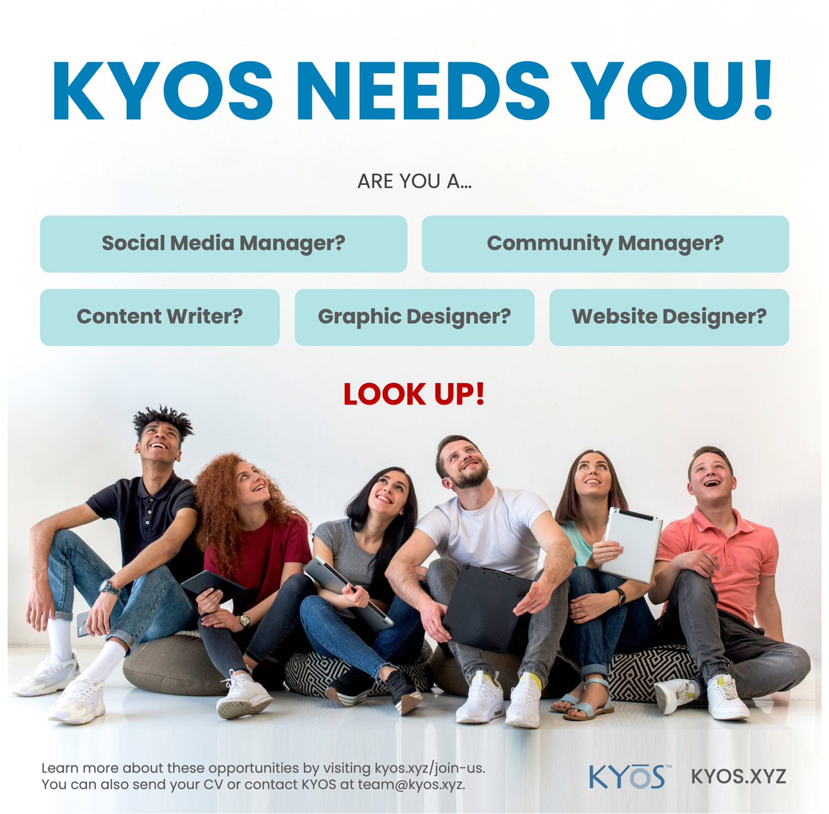KyosWeb3's tweet photo. Looking to channel your creative talent? To create exciting content and build a brand? KYOS needs you!

Visit https://t.co/VACFTdqtXY to learn more about how you can shape the future of education and employment. https://t.co/rq84TdC20V