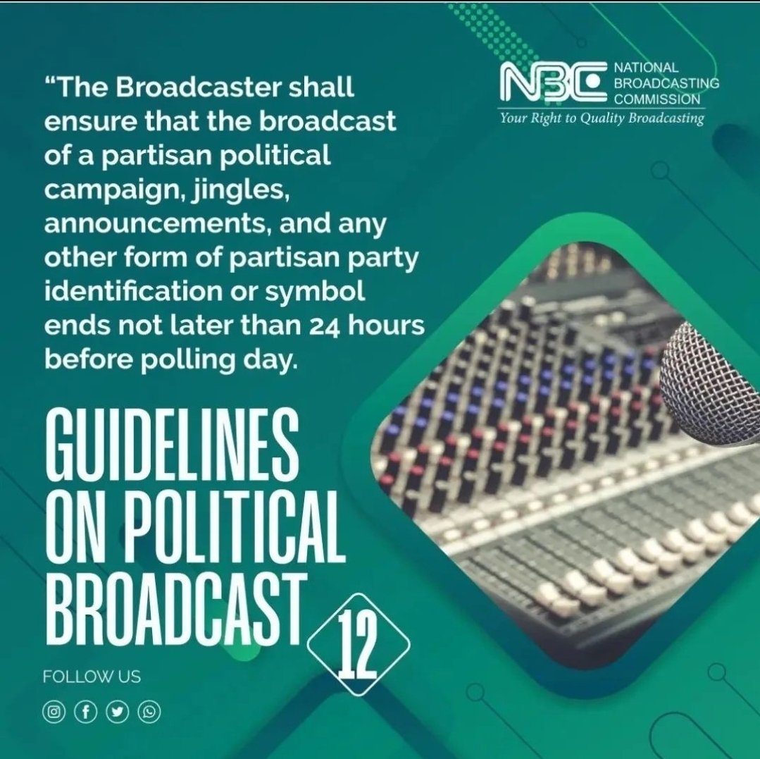 nbcgovng's tweet photo. REMINDER!!!
#broadcasting 
#politicalbroadcast 
#NBCode 

Guidelines on Coverage of Political Broadcast as stipulated in the Nigeria Broadcasting Code.
@NtaNewsnow @radionigeriahq 
@AIT_online 
@channelstv
@TVCconnect
@Arisetv 
@NigeriainfoFM
@voiceofnigeria 
@nannews_ng https://t.co/AA3KMQxRVk