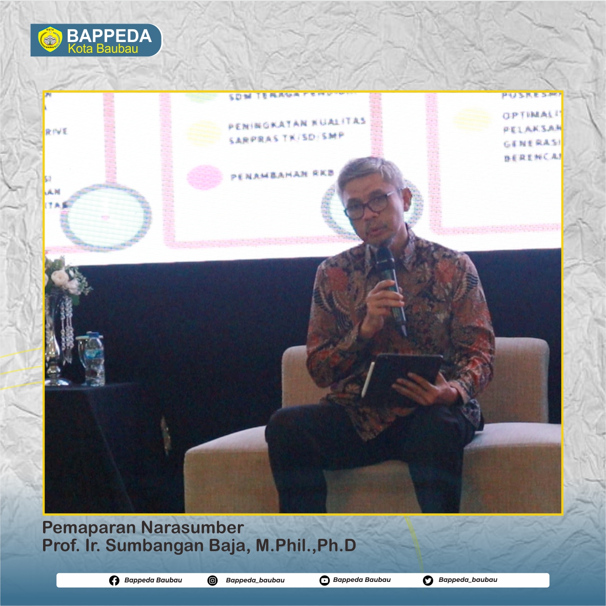 bappeda_baubau's tweet image. Pemaparan Narasumber oleh Prof. Ir. Sumbangan Baja, M.Phil.,Ph.D dengan judul Pengembangan Kawasan Makidha Integrasi Dengan Perencanaan
Pembangunan Daerah.

#bappeda #bappedabaubau #kotabaubau #musrenbang #musrenbangbaubau