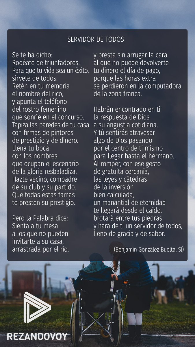 rezandovoy's tweet photo. La plenitud que Jesús propone dar a la Ley es esa que hará de ti «un servidor de todos, lleno de gracia y de sabor».
El poema de Benjamín González Buelta que acompaña a la oración de hoy es puro Evangelio. https://t.co/vXz5E6ayGm