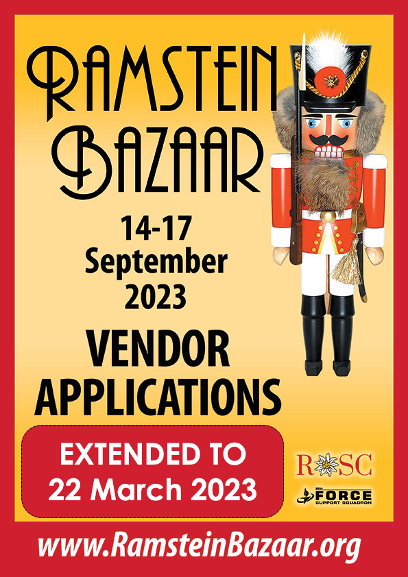 RamsteinBazaar's tweet photo. HEADS UP! 📣📣

The window for our 2023 Ramstein Bazaar vendor applications has now been EXTENDED to 22 March 2023. https://t.co/EpeKEExCwZ