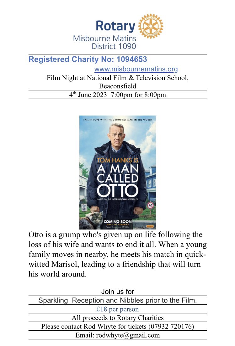 Escape for a couple of hours by joining us at our charity film night on 4th June. Contact Rod for tickets.