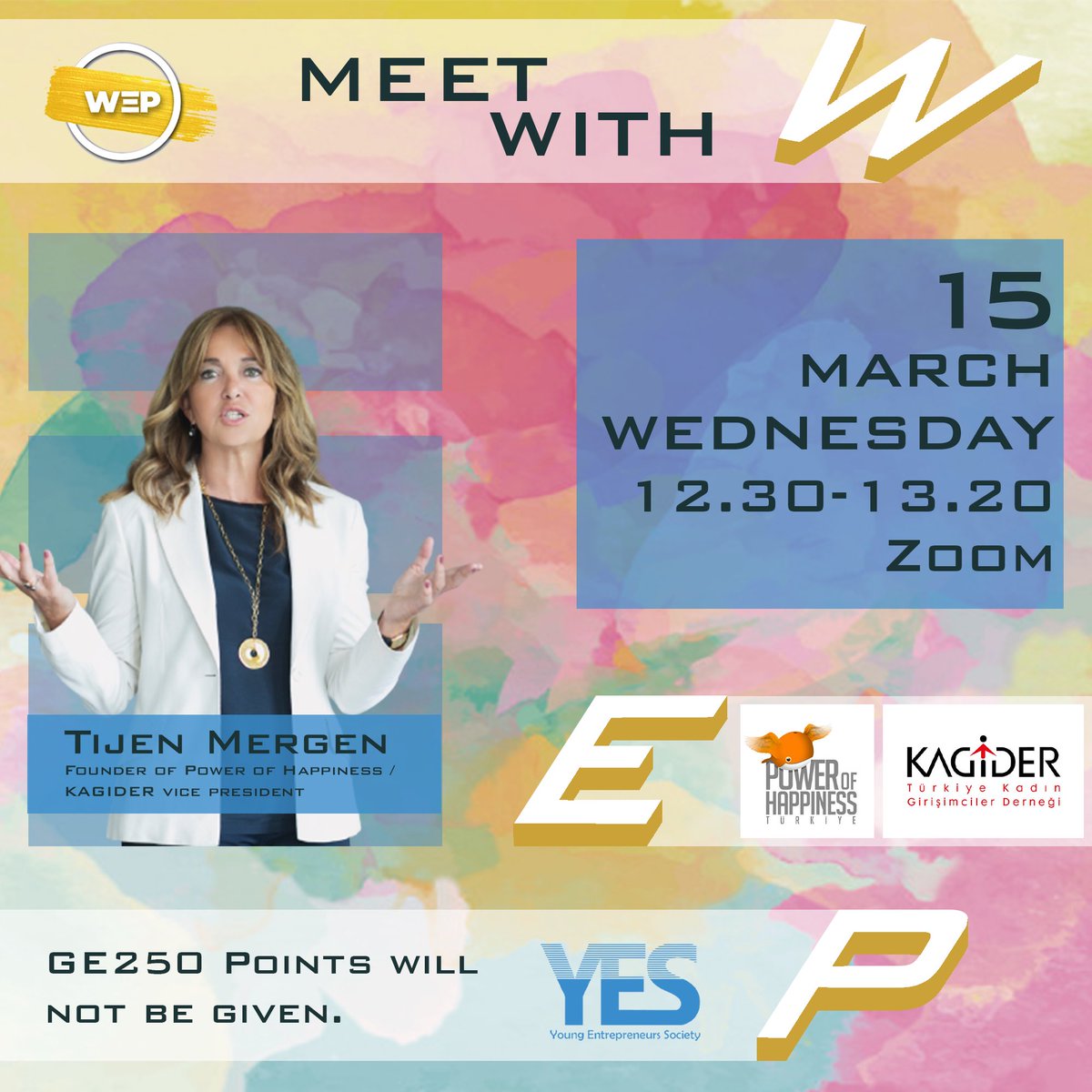 15 Mart saat 12.30’da Power of Happiness kurucusu ve KAGİDER başkan yardımcısı Tijen Mergen ile bir araya geliyoruz 👩🏻‍💻 
Zoom linkleri WhatsApp grupları ve sosyal medya hesaplarımızdan paylaşılacaktır. 🔗