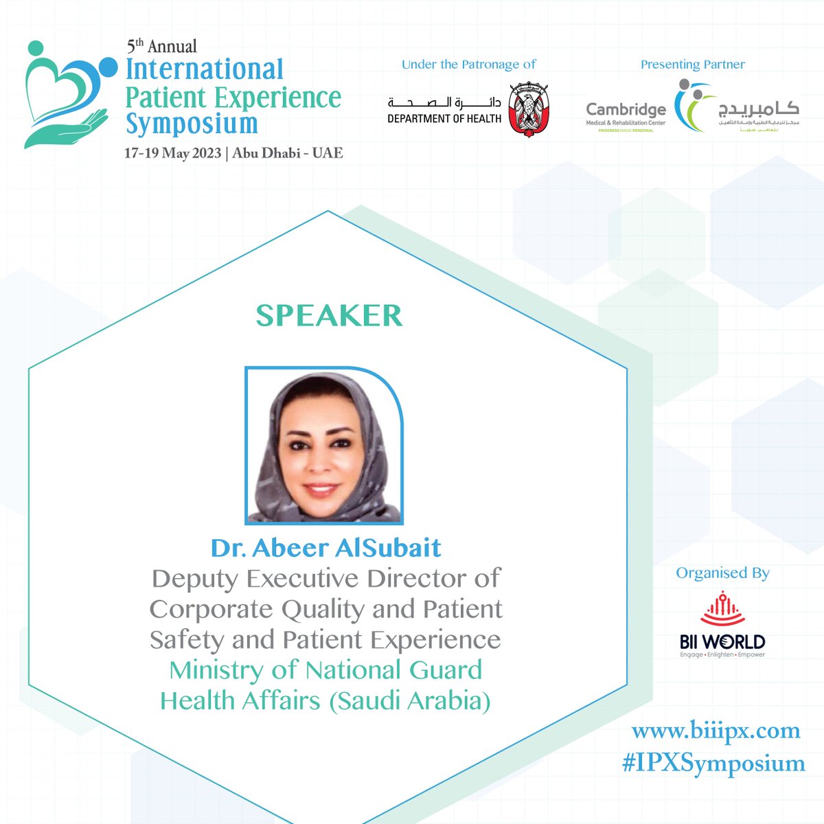 biihealth's tweet photo. "Rethinking #DigitalEngagement : What #Patients Really Want from the #Healthcare?" will be presented by Dr. Abeer AlSubait at the 5th Annual International Patient Experience Symposium 2023. Register
(https://t.co/7YXSr7LhVN) #IPXSymposium #patientexperience #patientcare https://t.co/aIgUQy5mRl