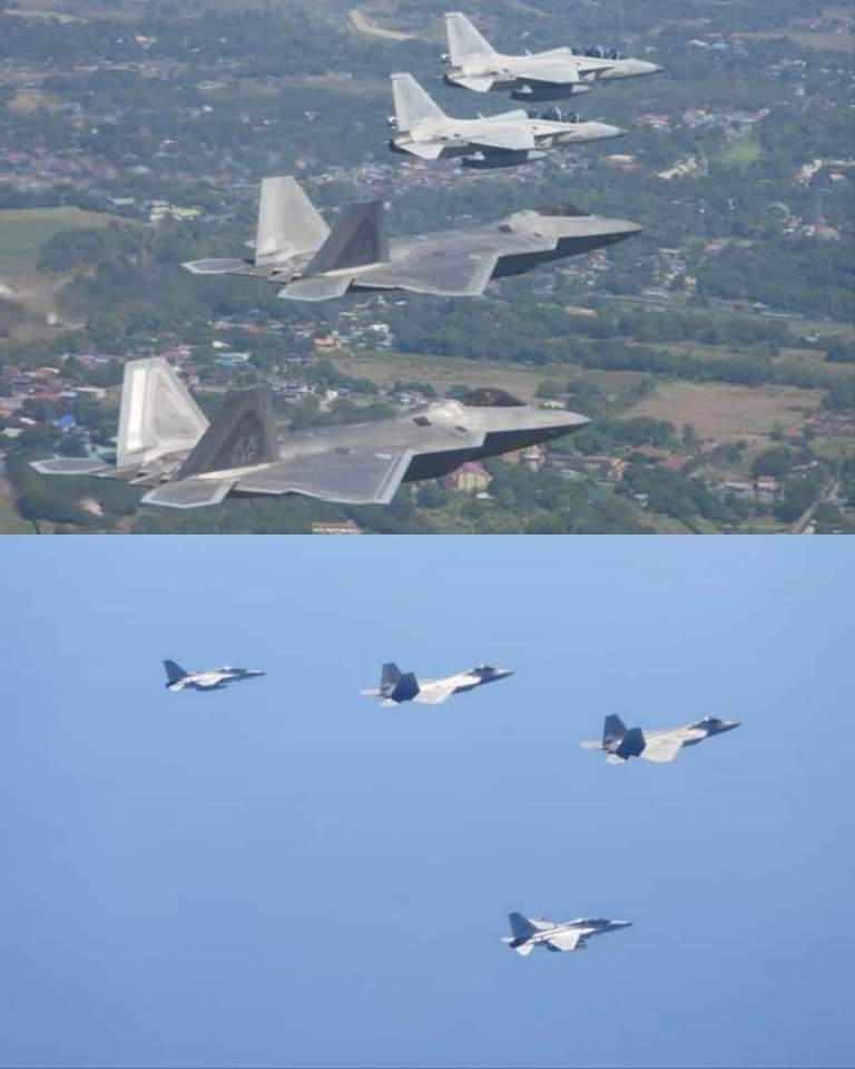 DefensePitz's tweet image. Images: Joint flight of #F22Raptor of #USAF and #FA50PH of the #PhilippineAirForce.

(C) Armed Forces of the Philippines