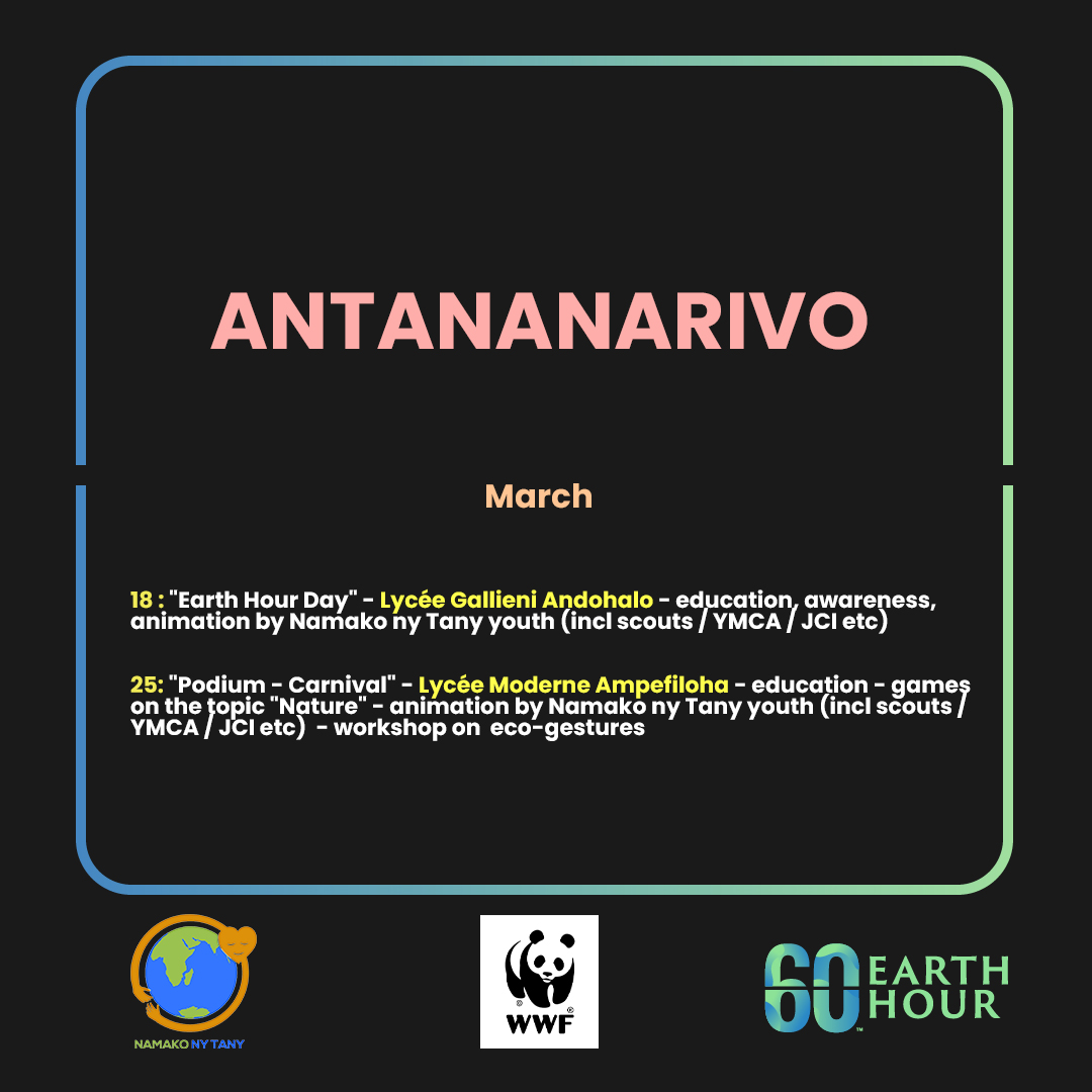 wwf_mada's tweet image. 🎉Earth Hour 2023 Program - Part II🎉
Find below the list of activities for the Earth Hour celebration in Madagascar 👇
And join Namako ny Tany youth in your region for the biggest event in March 🌍🇲🇬
#OneSharedHome #EarthHour2023 #Madagascar