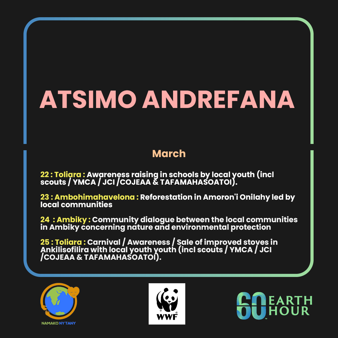 wwf_mada's tweet image. 🎉Earth Hour 2023 Program - Part II🎉
Find below the list of activities for the Earth Hour celebration in Madagascar 👇
And join Namako ny Tany youth in your region for the biggest event in March 🌍🇲🇬
#OneSharedHome #EarthHour2023 #Madagascar
