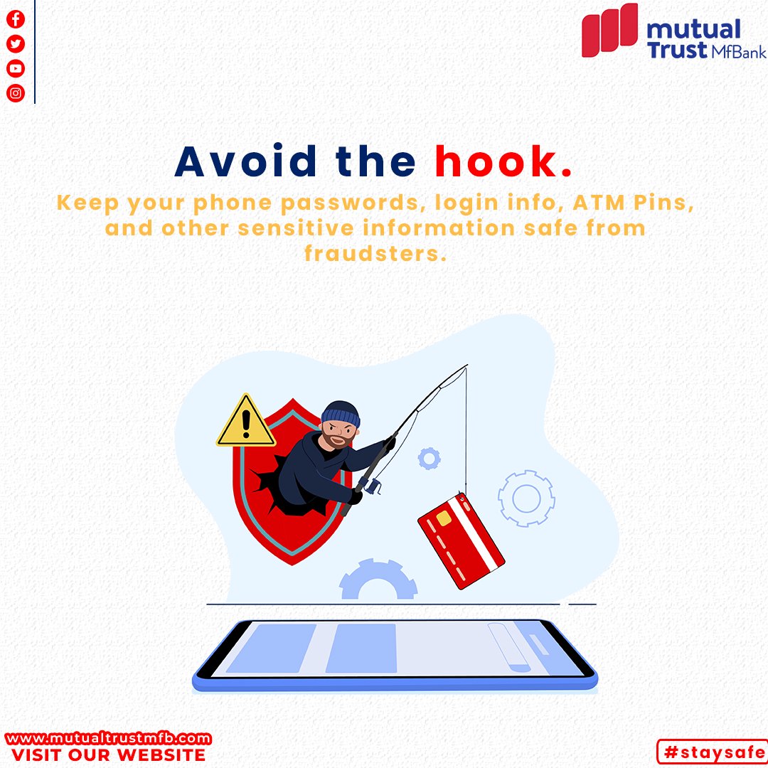 MutualTrustMfb's tweet photo. Always be cautious about your sensitive information.
Keep your phone passwords, login info, ATM Pins, and other sensitive information safe from fraudsters.
#mutualtrustmfbank #staysafeonline #StaySafe #passwordsafe https://t.co/Klqol4G1Zj