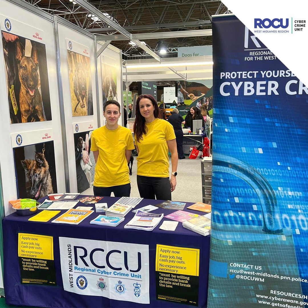 Regional Cyber Crime Unit for the West Midlands (@rocuwmcyber) on Twitter photo Last week, Cyber Protect officers from <a href="/ROCUWM/">Regional Organised Crime Unit (West Midlands)</a>, <a href="/WMPolice/">West Midlands Police</a>, <a href="/warkspolice/">Warwickshire Police</a>, <a href="/StaffsPolice/">Staffordshire Police</a> and <a href="/WMPCyber/">West Mercia Police Cyber Crime Unit</a> joined forces at <a href="/Crufts/">Crufts</a> for a fantastic 4 days of providing cyber awareness advice to attendees.
Special thanks to <a href="/WMPDogs/">WMP Dog Unit</a> for allowing us to borrow part of your stand 😁 Last week, Cyber Protect officers from <a href="/ROCUWM/">Regional Organised Crime Unit (West Midlands)</a>, <a href="/WMPolice/">West Midlands Police</a>, <a href="/warkspolice/">Warwickshire Police</a>, <a href="/StaffsPolice/">Staffordshire Police</a> and <a href="/WMPCyber/">West Mercia Police Cyber Crime Unit</a> joined forces at <a href="/Crufts/">Crufts</a> for a fantastic 4 days of providing cyber awareness advice to attendees.
Special thanks to <a href="/WMPDogs/">WMP Dog Unit</a> for allowing us to borrow part of your stand 😁