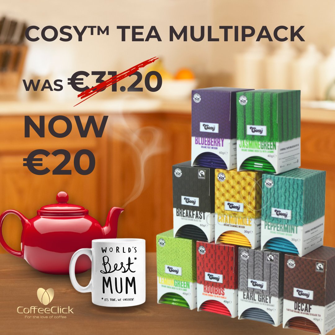 CoffeeClick_Ire's tweet photo. Catch-up with mum this Mother's Day over a cup (or cups!) of Cosy™ Organic Tea MulTEApack! ☕👩‍👧

Great value organic tea multipack was €31.20, now €20! 

Buy yours here: https://t.co/LjFWhKaEh1 https://t.co/oRD4ml7seI
