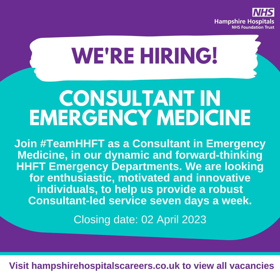 Become a part of #TeamHHFT! 🧑‍⚕️ We are looking to recruit enthusiastic, motivated and innovative individuals to our dynamic and forward-thinking Emergency Departments, expanding our Consultant workforce. Full role details & submit an application ➡️ bit.ly/41VOUQY