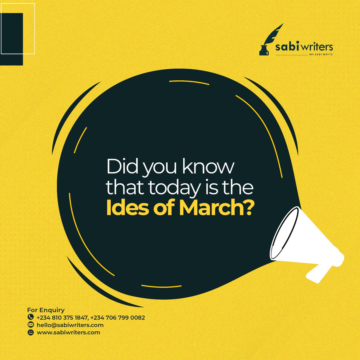 sabiwriters's tweet photo. Ides refers to the middle of the month and every March 15th is so-called.
Pray tell, which playwright wrote this line, ‘Beware the Ides of March?’
We’d love to read your answer in the comments.
#sabiwriters #wesabiwrite #sabilab #history #MidMarch #todayinhistory https://t.co/unM3OKXI9k