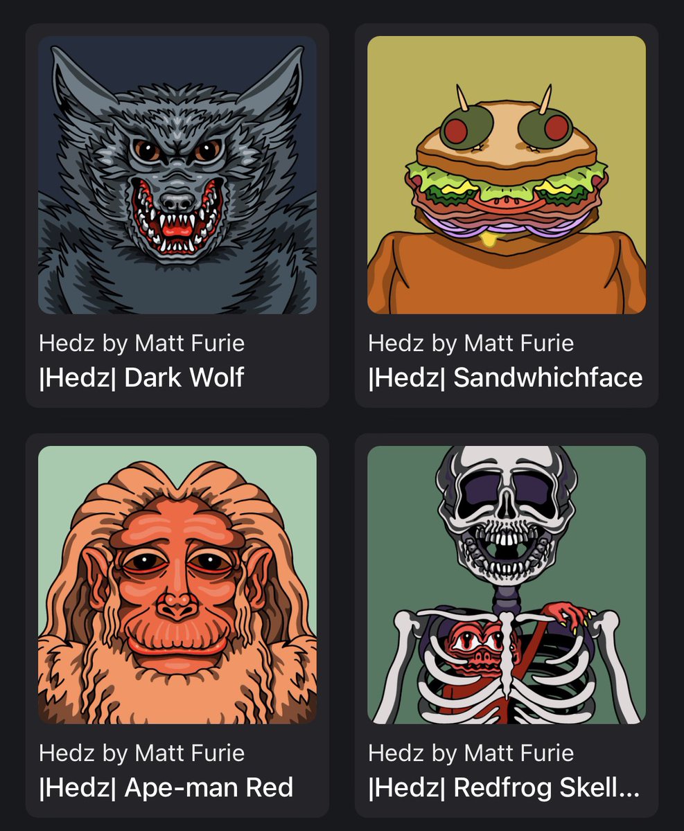 All my #hedz… who’s your favorite? 
<a href="/Matt_Furie/">𝓜𝓪𝓽𝓽 𝓕𝓾𝓻𝓲𝓮</a> <a href="/ChainSawNFT/">Chain/Saw ⛓/🪚</a>