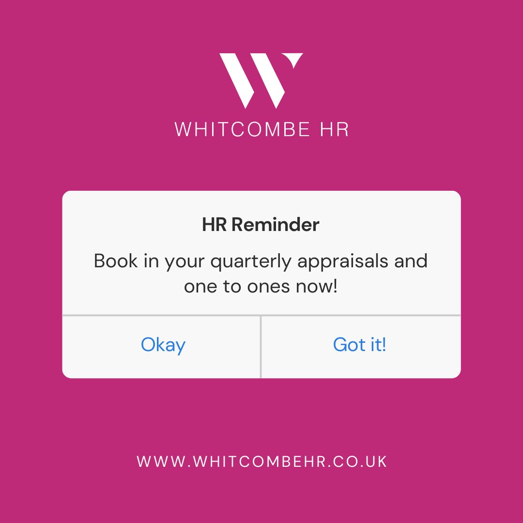 WhitcombeHR's tweet image. Don't forget to book in your quarterly appraisals and one to ones now.👍

If you need help with appraisals then get in touch via the contact page on our website or DM us for more info. 🤩

#whitcombehr #hr #employees #kentbusiness #kenthr #appraisals #hrconsultancy #hrreminder