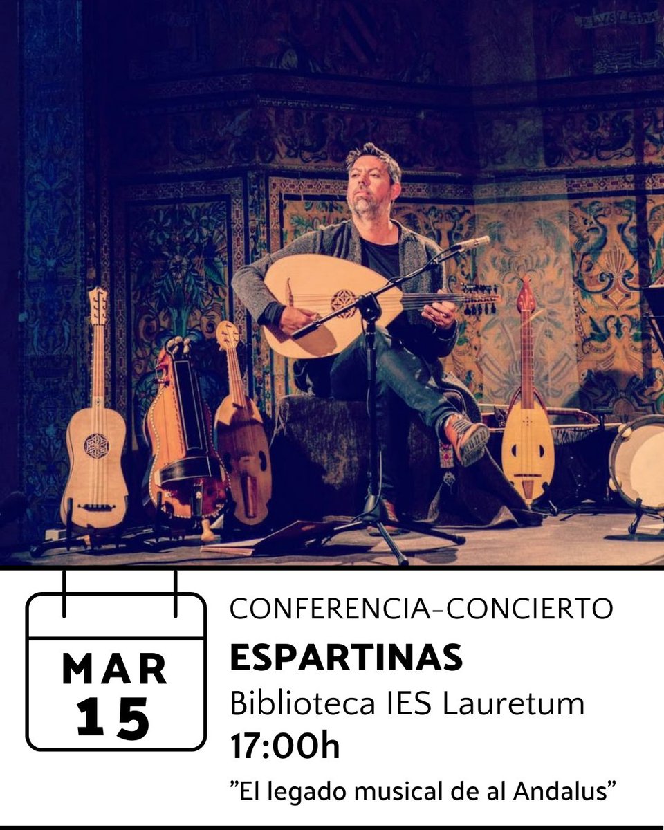 Hoy miércoles 15 de marzo, ofreceré la #Conferencia-Concierto "El Legado Musical de Al Andalus" 🎵

🕖17:00h en la Biblioteca del IES Lauretum, de #Espartinas, Sevilla.
Me acompañará la música <a href="/sara__marina__/">Sara Marina</a>
Os esperamos!💐
emiliovillalba.com
 #alandalus #musicaenvivo