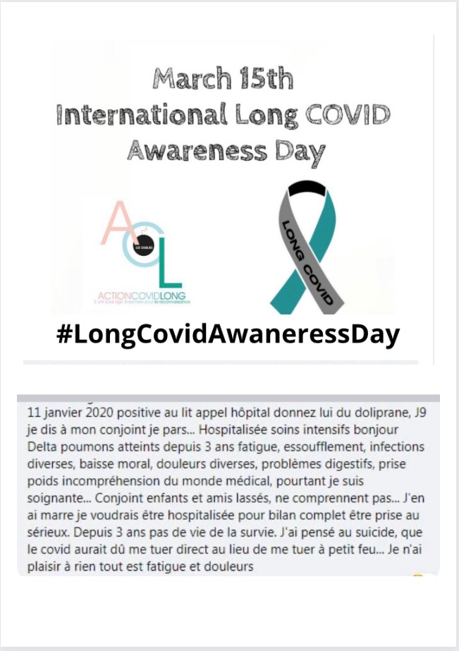 ActionCovidLong's tweet photo. Depuis janvier 2020 positif au #Covid devenu #CovidLong elle témoigne 
« Depuis 3ans pas de vie de la survie
J’ai pensé au suicide »

#LongCovidAwarenessDay 
#apresj20
@FrcsBraun @EmmanuelMacron @agnesfirmin @PapNdiaye https://t.co/VOK9fdGKxM