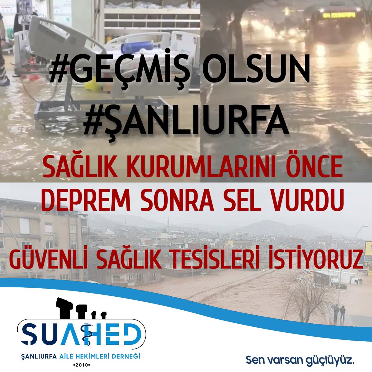 #geçmişolsun #şanlıurfa 
Sel felaketinden etkilenen vatandaşlarımıza geçmiş olsun dileklerimizi iletiyoruz. 
Sağlık kurumlarını önce deprem sonra sel vurdu.
Güvenli sağlık tesisleri istiyoruz. 
<a href="/saglikbakanligi/">T.C. Sağlık Bakanlığı</a> <a href="/drfahrettinkoca/">Dr. Fahrettin Koca</a> <a href="/AHEF2008/">AHEF</a> <a href="/UrfaValiligi/">T.C. ŞANLIURFA VALİLİĞİ</a>