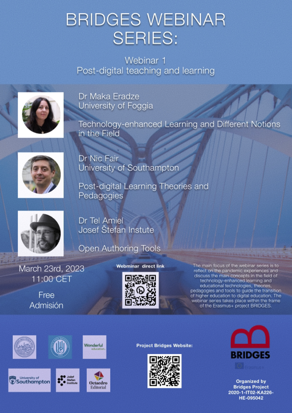 Ed_Octaedro's tweet photo. Desde Octaedro Editorial les invitamos a participar en el primer Webinar gratuito del proyecto BRIDGES, del que somos partners:

Bridges Webinar. 
Post-digital teaching and Learning
El 23 de marzo a las 11:00 CET.

Enlace al seminario e inscripción: https://t.co/6Ig8ISGxyt https://t.co/4xKI7KivVv