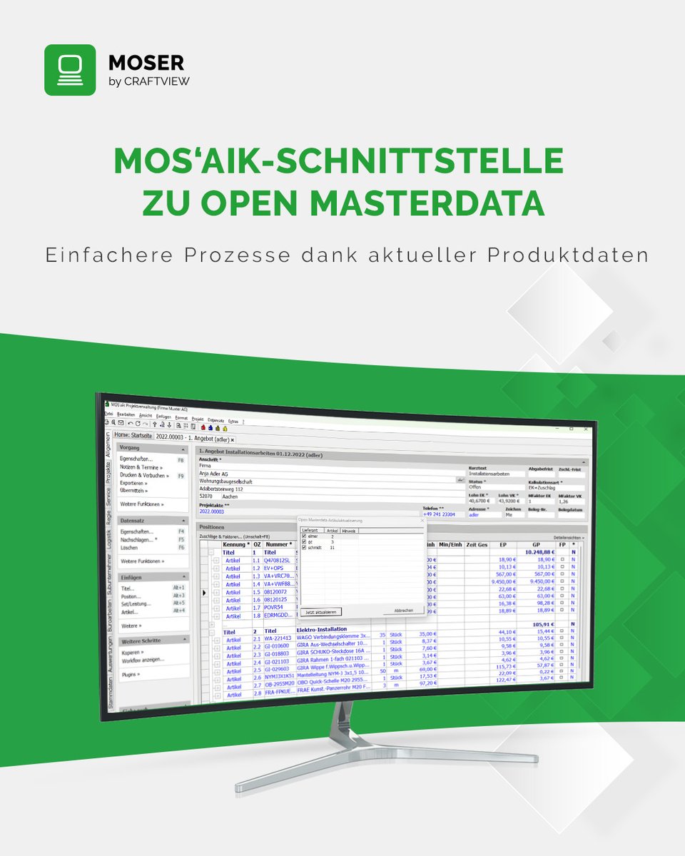 Open Masterdata (OMD)
Mit der Open Masterdata-Schnittstelle hast du in deiner MOS’aik-Software immer Zugriff auf die aktuellen Produktdaten. Erfahre mehr!

➡ moser.de/open-masterdata

Das MOSER-Team

#moser #erpsoftware #erp #digitalisierung #openmasterdata #omd #schnittstelle