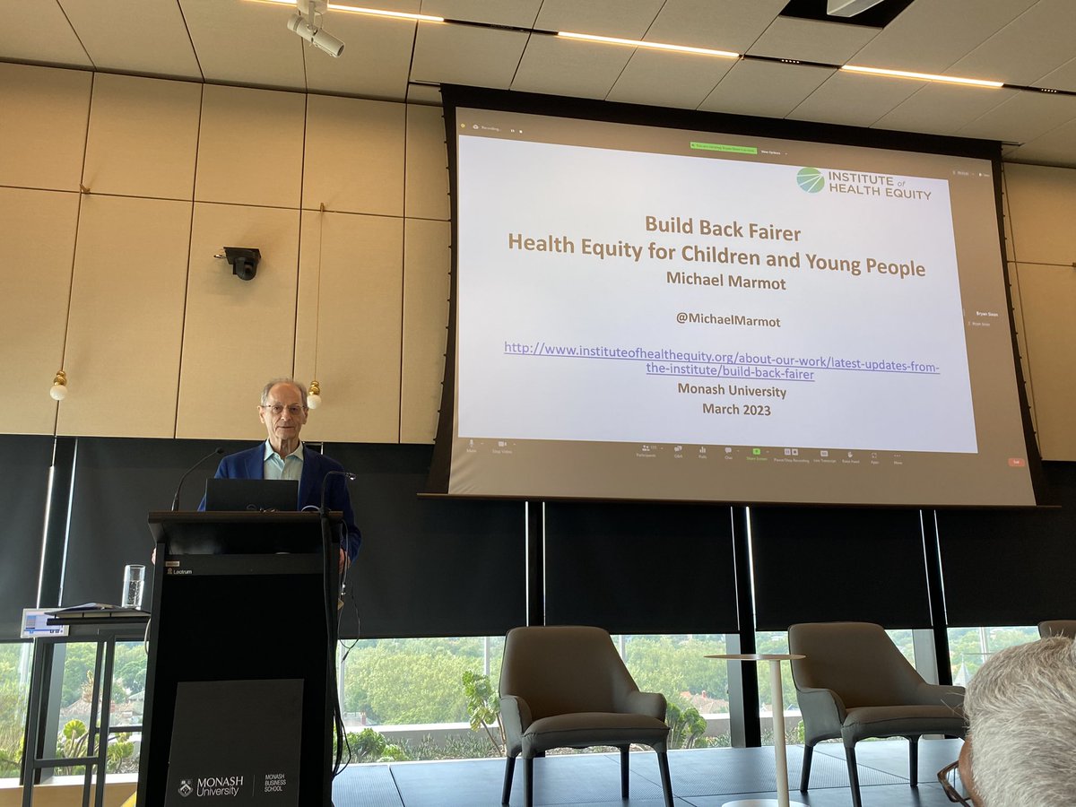 Inspiring evening with @MichaelMarmot who gives this advice to those of us working to advance health equity:
✔️Tell the truth
✔️Argue from the evidence
✔️Engage people in a discussion on social justice 

#BuildBackFairer 
@HSkouteris @Monash_SPHPM