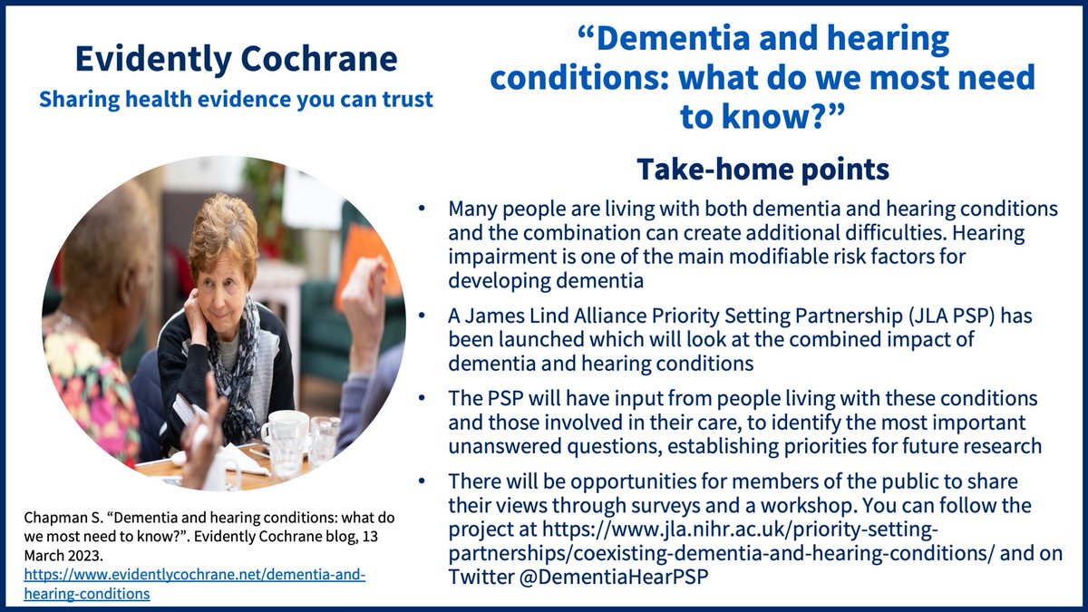 Dementia & hearing conditions: what do we most need to know? buff.ly/3yyPtm9 @CochraneUK's @SarahChapman30 blogs about a new project which aims to find the top questions that need answering about co-existing #dementia & #hearing conditions. @DementiaHearPSP #BAW2023