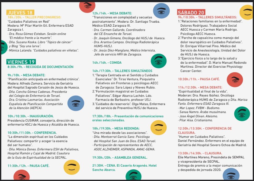 Os dejamos el programa del Congreso <a href="/CusirarAragon/">CUSIRAR</a> VI Jornada de Cuidados Paliativos. Miradas diversas en Cuidados Paliativos. 
18 al 20 de Mayo, Huesca. 
Posibilidad de asistencia online. 
En los próximos días abriremos inscripciones.
¡Anímate! #paliativosaragoneses